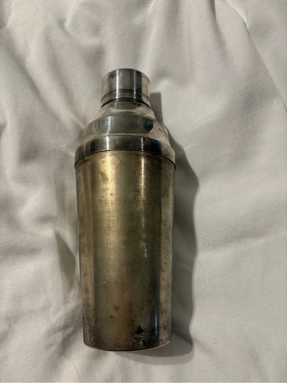 Mid Century French Silverplate shaker with cup, strainer & lid
